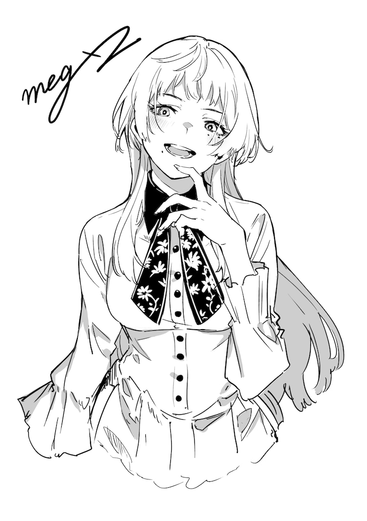 1boy, :d, bell_sleeves, blush, collared_shirt, cropped_torso, crossdressing, crossdressing_(mtf), finger_to_own_chin, floral_print, greyscale, head_tilt, kinosaki_mei, long_hair, long_sidelocks, marriage_toxin, mogumo, mole, mole_under_eye, mole_under_mouth, monochrome, neck_ribbon, open_mouth, ribbon, shirt, sidelocks, signature, simple_background, skirt, smile, standing, tight_clothes, tight_shirt, trap, white_background