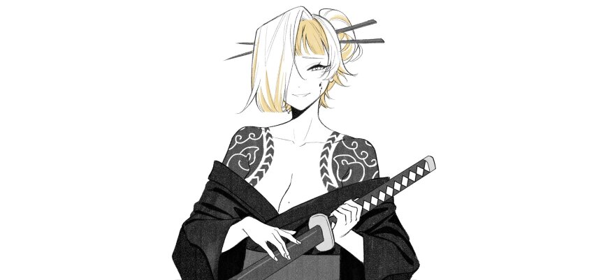 1girl, avi_(baltika_seven), blonde_hair, blood, blood_on_face, breasts, commentary, cosplay