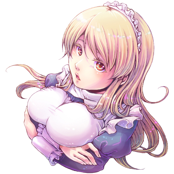 1girl, apron, arms_under_breasts, asahina_mikuru_(adult), blonde_hair, blue_dress, breasts, brown_eyes