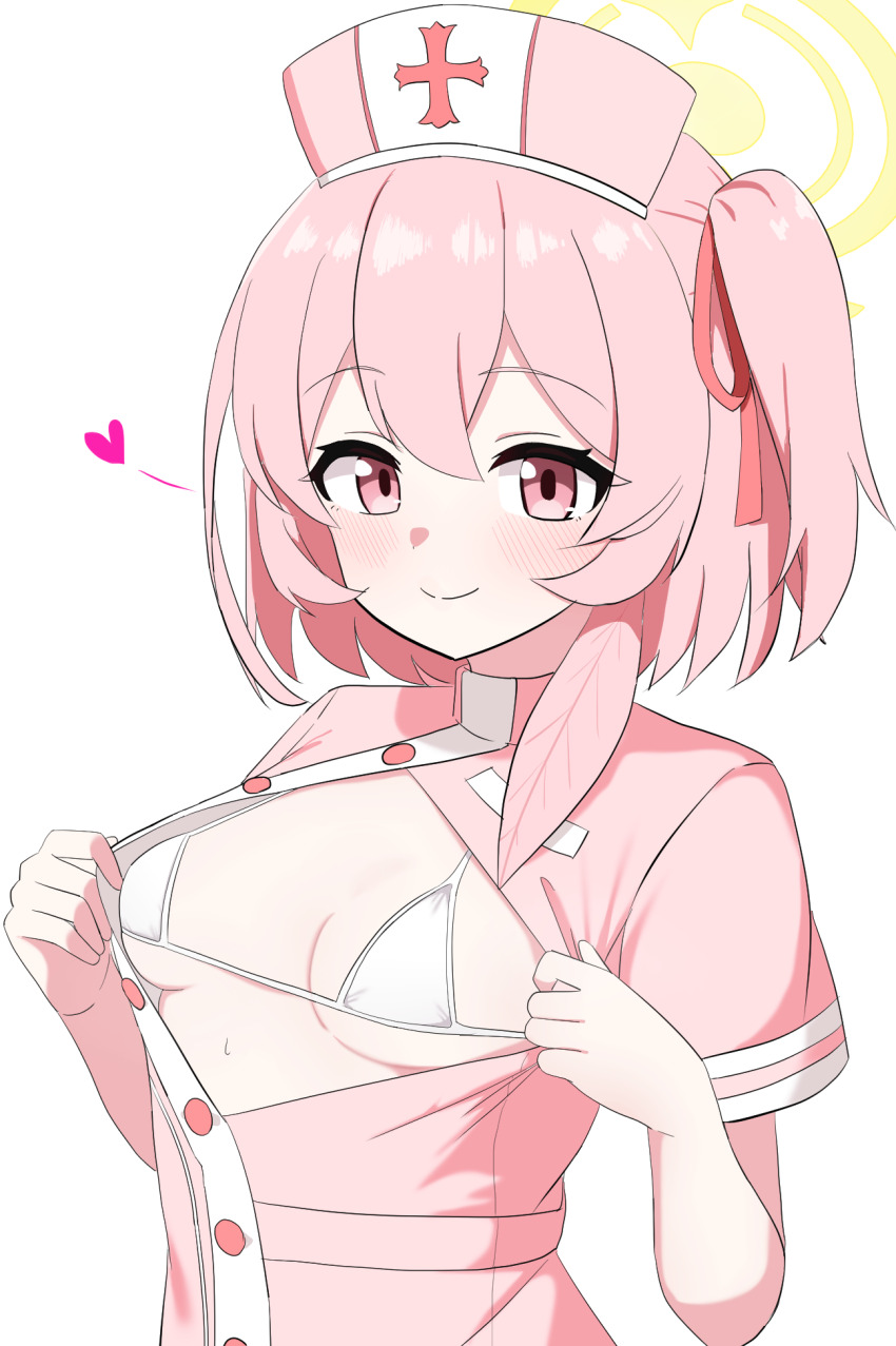 1girl, bikini, blue_archive, blush, breasts, breasts_out, center_opening, closed_mouth, commentary_request, dress, feather_hair, hair_between_eyes, halo, hat, heart, highres, hururu_game, loli, looking_at_viewer, micro_bikini, nurse_cap, one_side_up, opened_by_self, pink_dress, pink_eyes, pink_hair, pink_hat, pulling_own_clothes, serina_(blue_archive), serina_(nurse)_(blue_archive), short_sleeves, simple_background, small_breasts, smile, solo, swimsuit, upper_body, white_background, white_bikini, yellow_halo