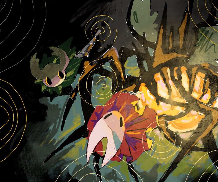 1boy, 1girl, 1other, abstract_background, black_background, black_skin, blue_background, cloak