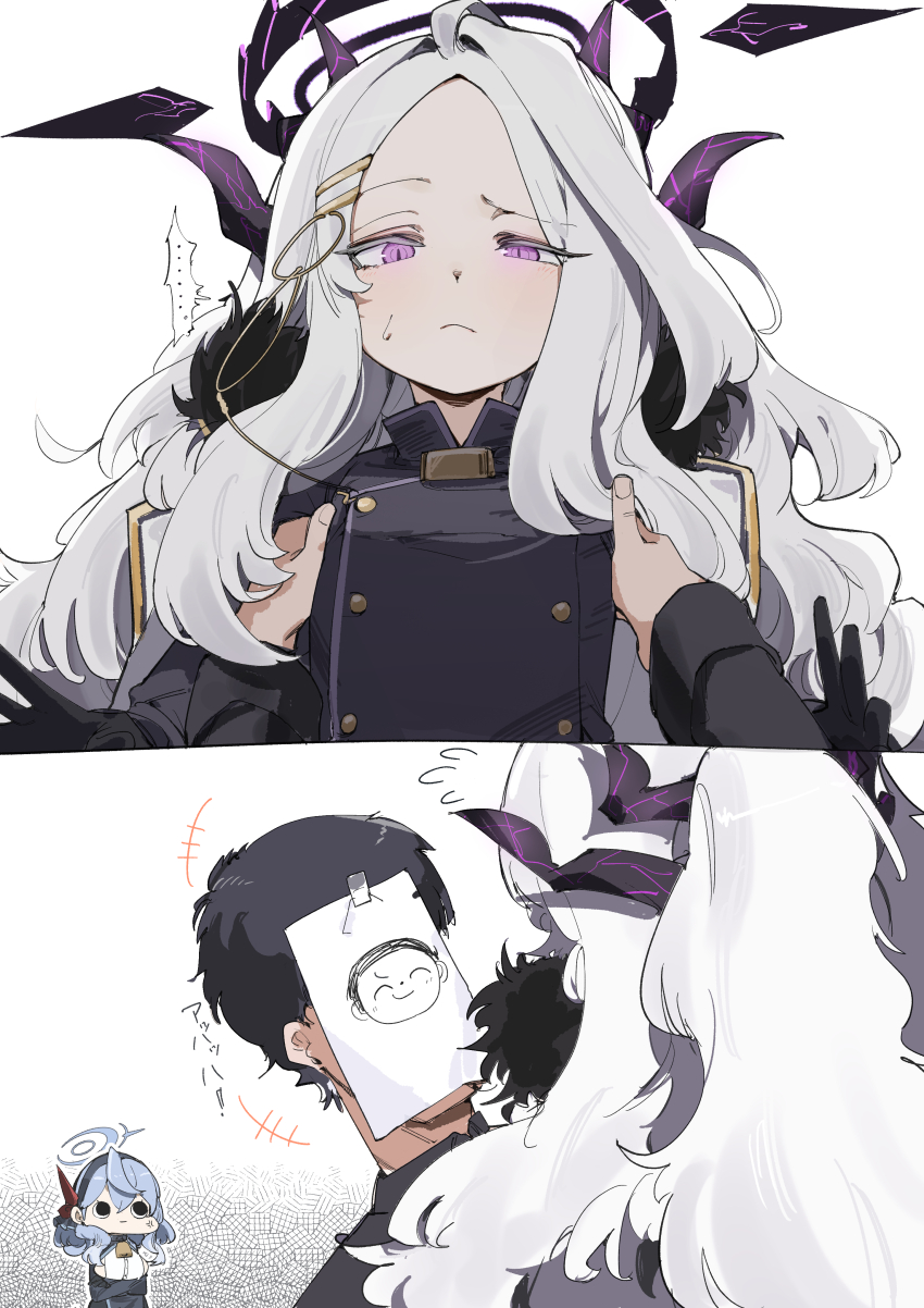 1boy, 2girls, absurdres, ako_(blue_archive), black_hair, blue_archive, blue_hair, carrying, carrying_person, doodle_sensei_(blue_archive), highres, hina_(blue_archive), horns, japanese_text, long_hair, male_sensei_(blue_archive), maton_3110, multiple_girls, school_uniform, sensei_(blue_archive), upper_body, white_hair