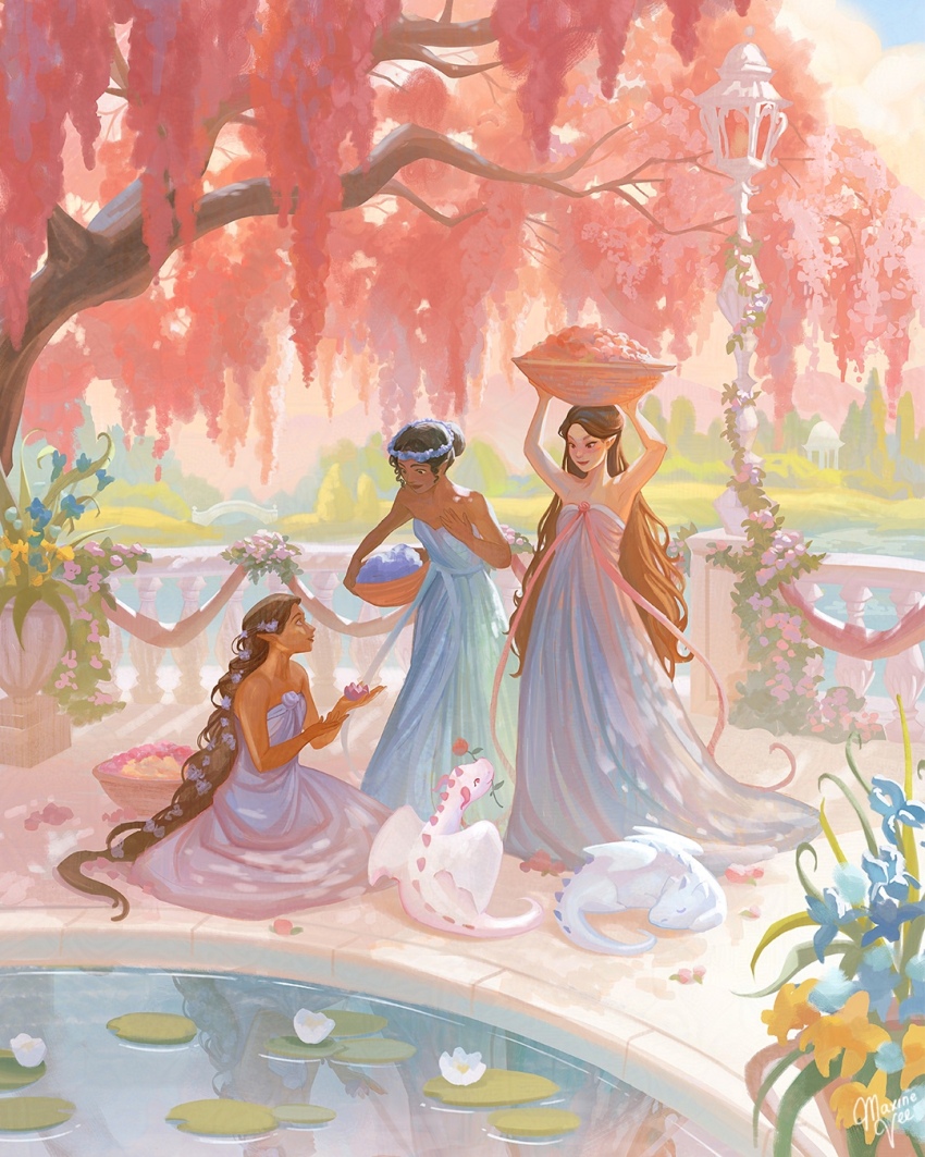 3girls, bare_shoulders, basket, basket_on_head, blue_dress, blue_flower, blue_ribbon, braid