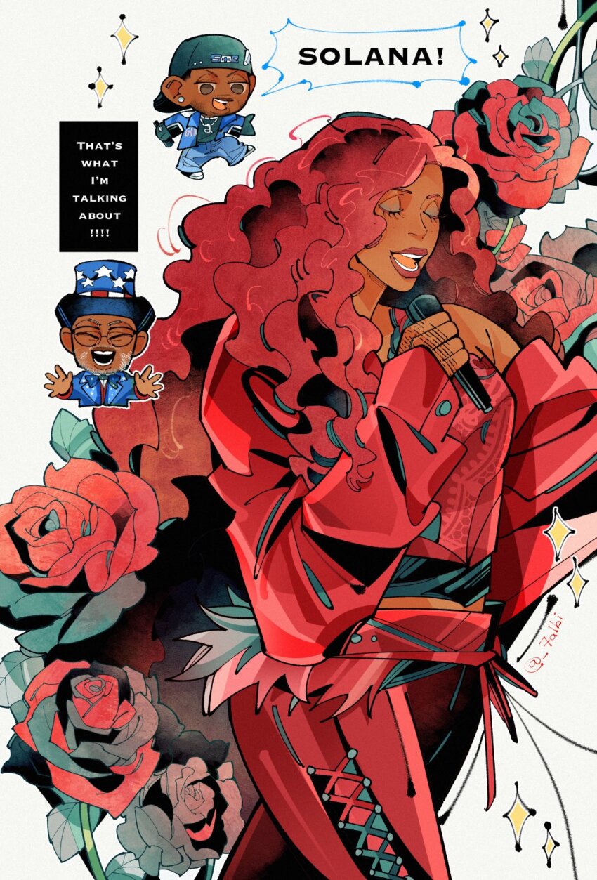 1girl, 2boys, ^_^, american_flag, american_flag_print, backwards_hat, black_hat, blue_hat