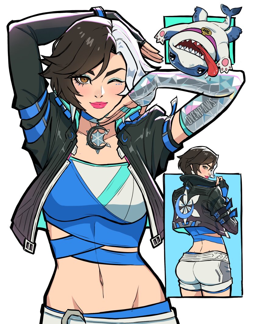 1girl, absurdres, ass, black_hair, black_jacket, blue_eyes, breasts, choker