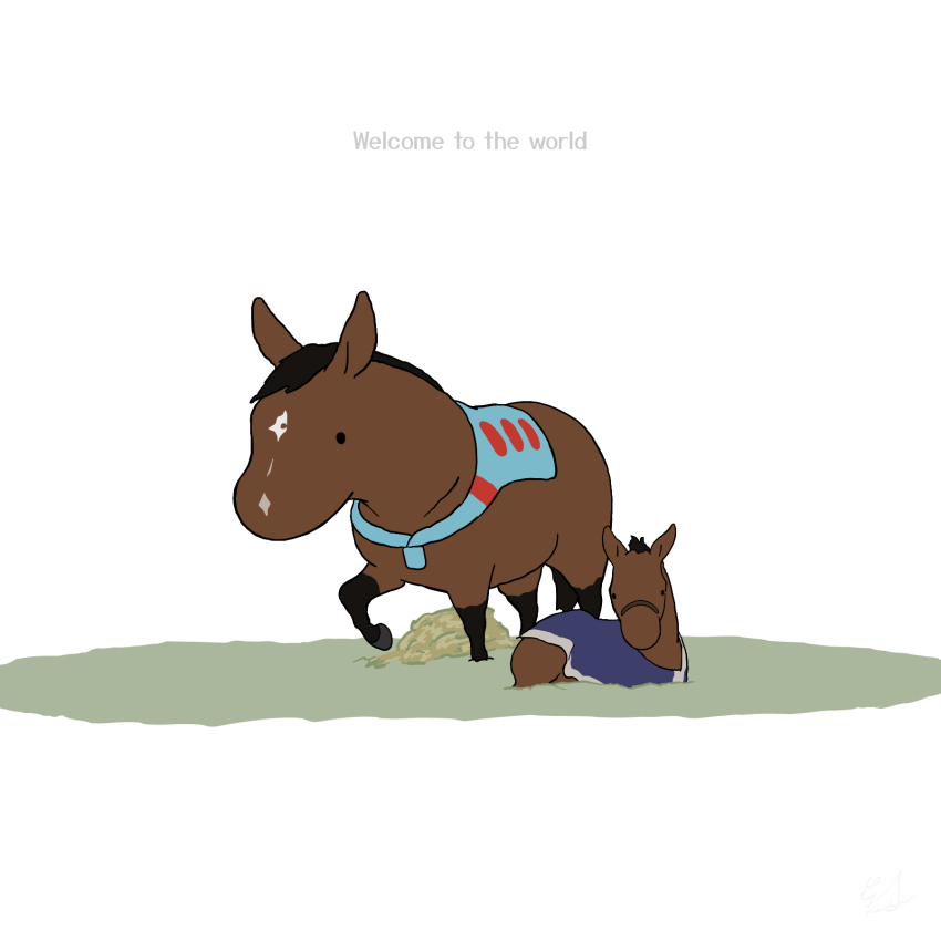almond_eye_(racehorse), blue_shirt, clothes_lift, commentary_request, english_text, grass, highres, horse