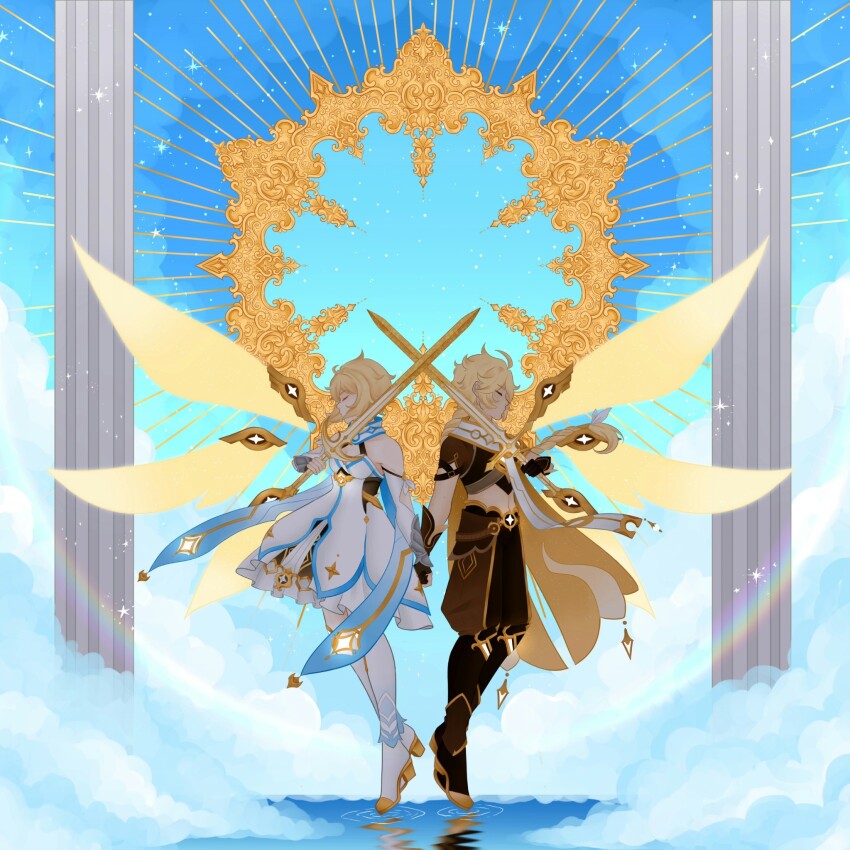 1boy, 1girl, aether_(genshin_impact), ahoge, baggy_pants, bare_shoulders, black_boots, black_gloves