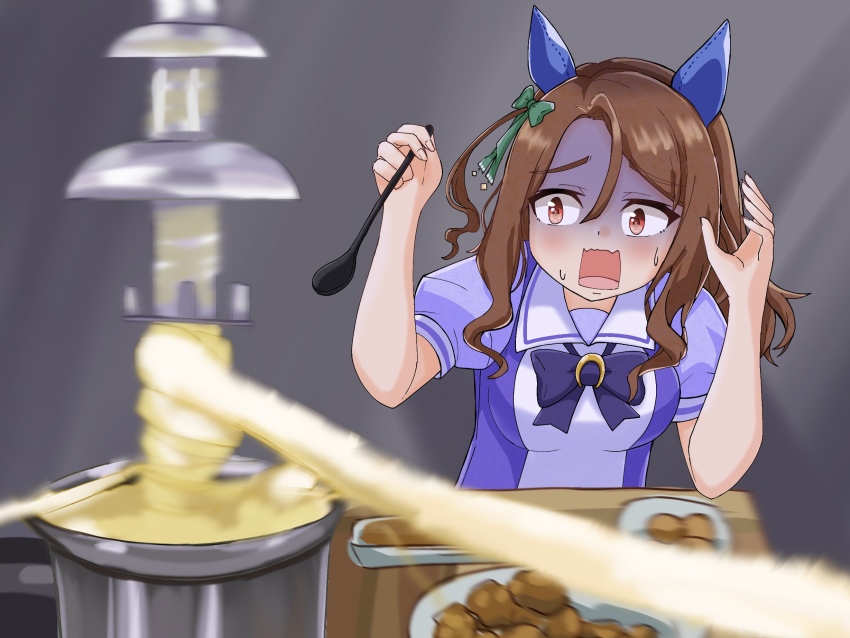 1girl, animal_ears, blurry, blurry_foreground, bow, bowtie, brown_hair, ear_covers