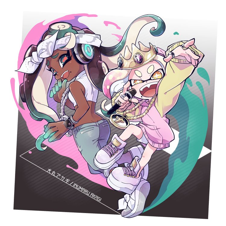 2girls, aqua_eyes, aqua_hair, arm_up, artist_name, bare_shoulders, blonde_hair, blue_pants