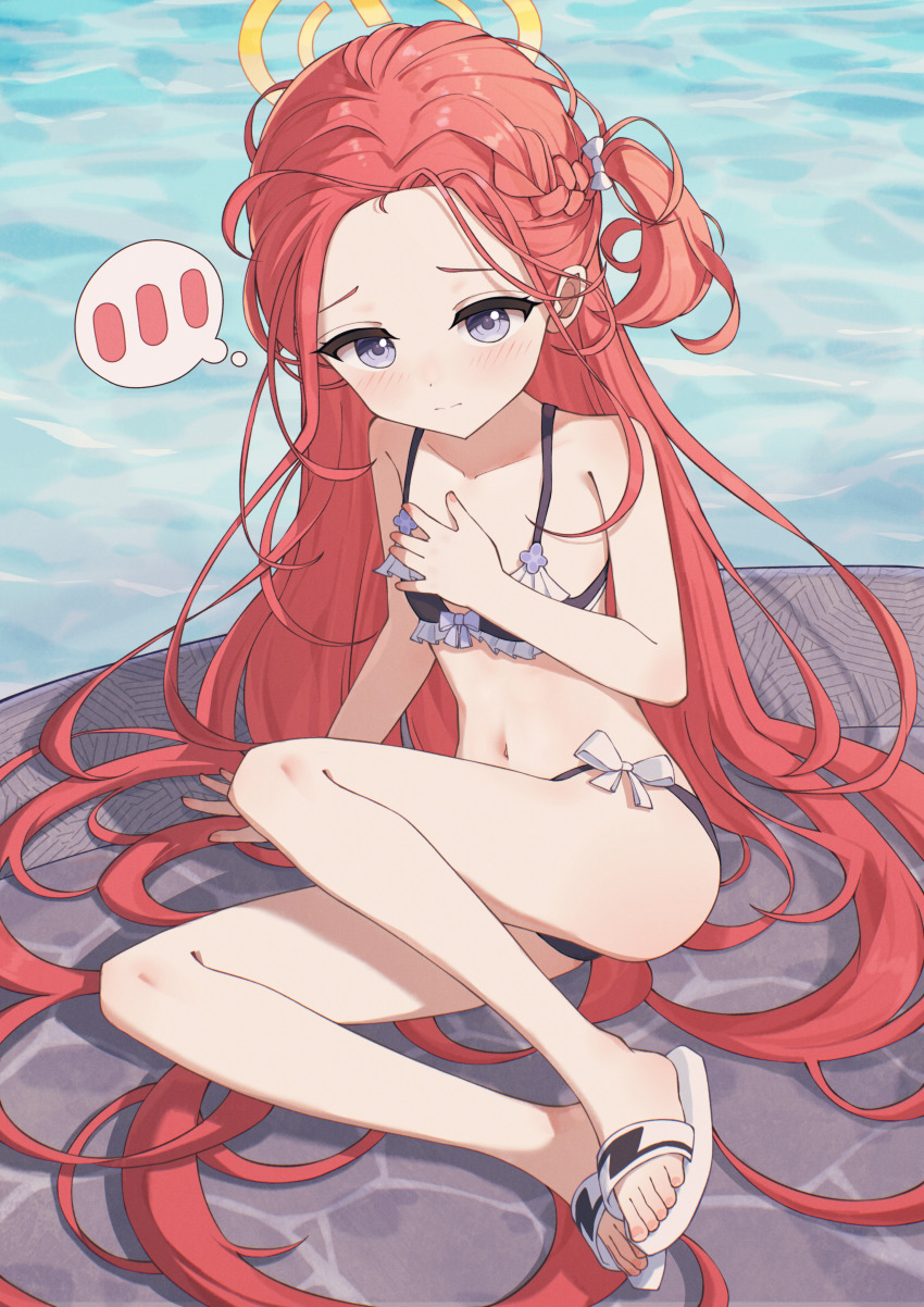 1girl, 3:, absurdly_long_hair, absurdres, alternate_costume, anleewind, bikini, black_bikini, blue_archive, blush, bow, braid, closed_mouth, collarbone, commentary, covering_breasts, covering_privates, flat_chest, forehead, frilled_bikini, frills, full_body, grey_eyes, hair_bow, half_up_braid, halo, hand_on_own_chest, highres, huge_filesize, knees_apart_feet_together, loli, long_hair, looking_at_viewer, navel, one_side_up, parted_bangs, petite, red_hair, sandals, shy, sitting, solo, speech_bubble, split_mouth, spoken_blush, swimsuit, thought_bubble, toenails, toes, very_long_hair, white_bow, yellow_halo, yuzu_(blue_archive), ||/