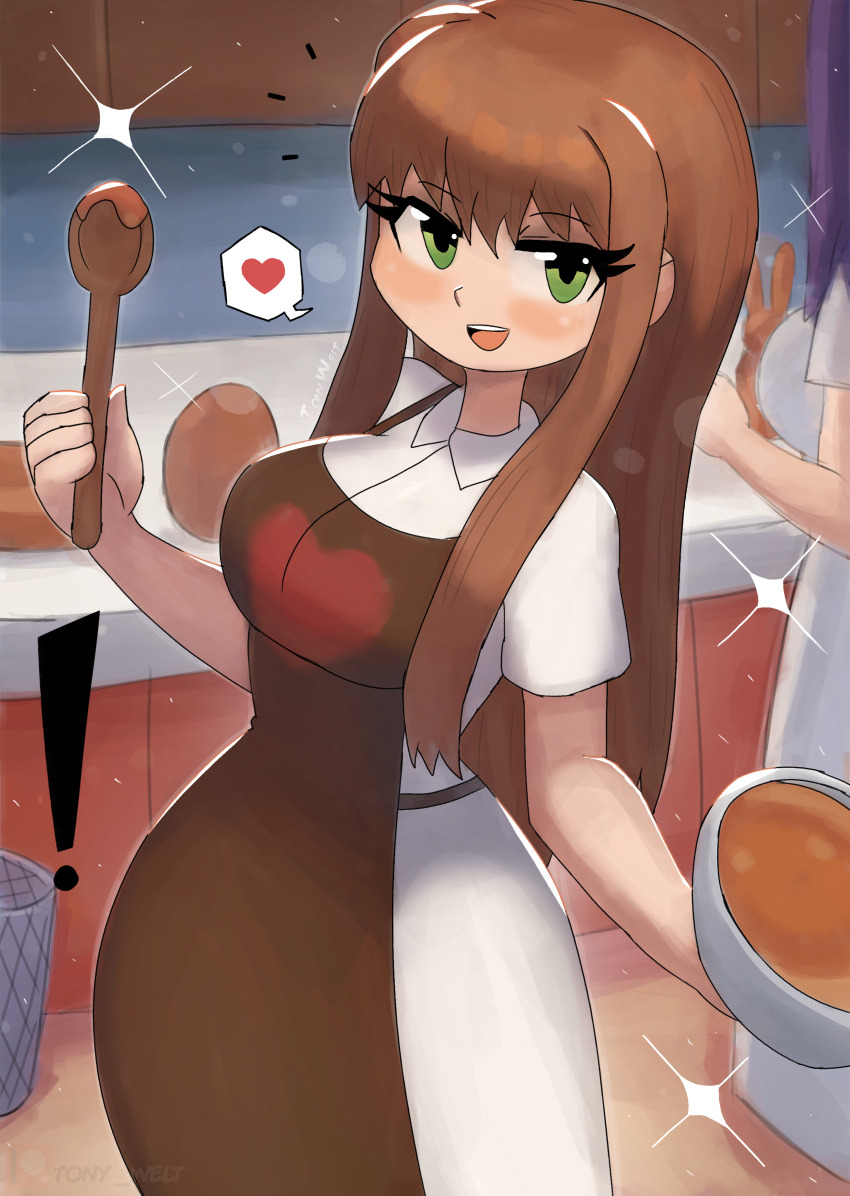 !, 2girls, absurdres, apron, blush, bowl, breasts, brown_apron, brown_hair, candy, chocolate, chocolate_egg, chocolate_rabbit, doki_doki_literature_club, dress, food, green_eyes, heart, heart_print, highres, holding, holding_bowl, holding_spoon, kitchen, large_breasts, long_hair, looking_at_viewer, monika_(doki_doki_literature_club), multiple_girls, open_mouth, print_apron, purple_hair, short_sleeves, smile, sparkle, speech_bubble, spoken_heart, spoon, standing, teeth, thick_thighs, thighs, tony_welt, trash_can, white_dress, wide_hips, wooden_spoon, yuri_(doki_doki_literature_club)