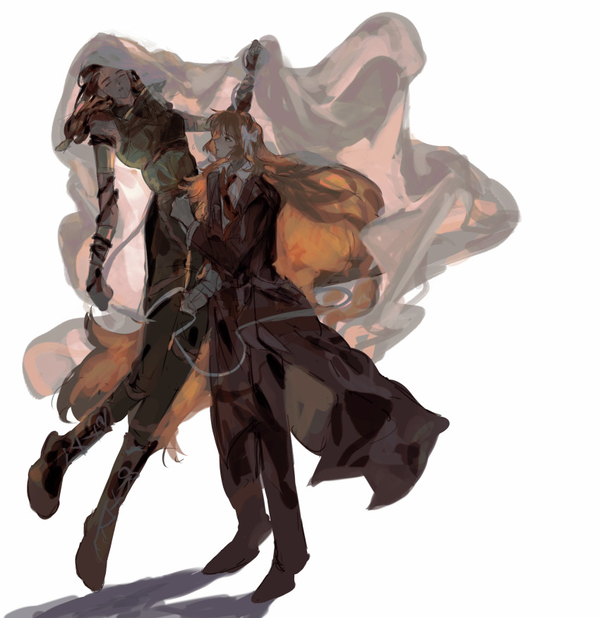 2girls, absurdres, armlet, bubutoday, closed_eyes, dark-skinned_female, dark_skin, facial_tattoo, floating, formal_clothes, full_body, highres, ishmael_(project_moon), jewelry, limbus_company, long_hair, looking_at_another, multiple_girls, necktie, pants, parted_lips, project_moon, queequeg_(project_moon), red_necktie, rope, simple_background, sketch, standing, tattoo, very_long_hair, white_background, yuri