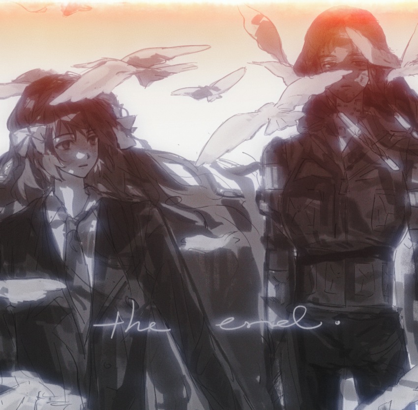 2girls, absurdres, armlet, bird, bubutoday, cowboy_shot, dress_shirt, facial_tattoo