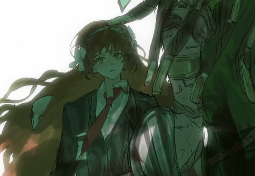 2girls, backlighting, bubutoday, dreadlocks, facing_another, formal_clothes, from_behind, head_out_of_frame