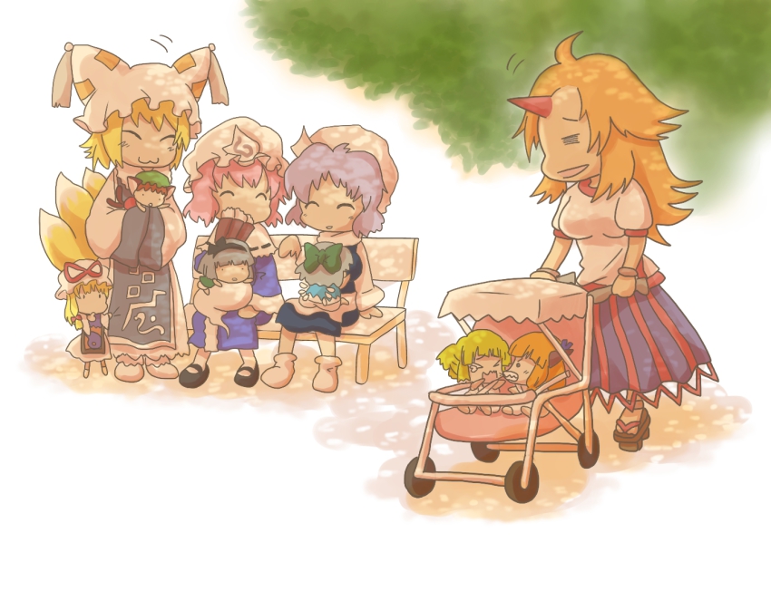 6+girls, :3, aged_down, baby, bad_id, bad_pixiv_id, chen, cirno, fox_tail, hat, horns, hoshiguma_yuugi, ibuki_suika, konpaku_youmu, konpaku_youmu_(ghost), letty_whiterock, mizuhashi_parsee, multiple_girls, saigyouji_yuyuko, single_horn, sitting, tail, touhou, triangular_headpiece, uchikura_(yamaxa_issin), yakumo_ran, yakumo_yukari