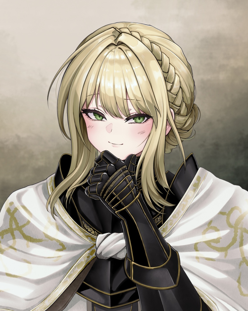 1girl, absurdres, armor, black_armor, blonde_hair, blush, braid, cape
