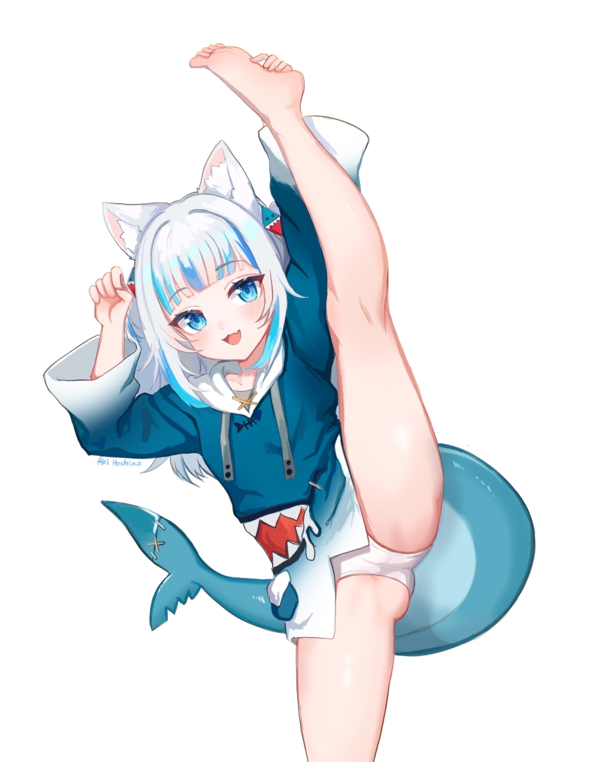 1girl, :3, :d, absurdres, aki_hoshino, animal_ear_fluff, animal_ears, animal_hood, artist_name, bare_legs, barefoot, blue_eyes, blue_hair, blue_hoodie, blue_streaks, blush, cameltoe, cat_ears, cowboy_shot, cube_hair_ornament, fang, feet, fins, fish_tail, gawr_gura, gawr_gura_(1st_costume), hair_ornament, highres, hololive, hololive_english, hood, hoodie, leg_lift, leg_up, legs, loli, long_sleeves, looking_at_viewer, medium_hair, multicolored_hair, open_mouth, panties, shark_girl, shark_hair_ornament, shark_hood, shark_print, shark_tail, simple_background, skin_fang, smile, soles, solo, split, standing, standing_on_one_leg, standing_split, streaked_hair, tail, toes, two_side_up, underwear, virtual_youtuber, white_background, white_hair, white_panties