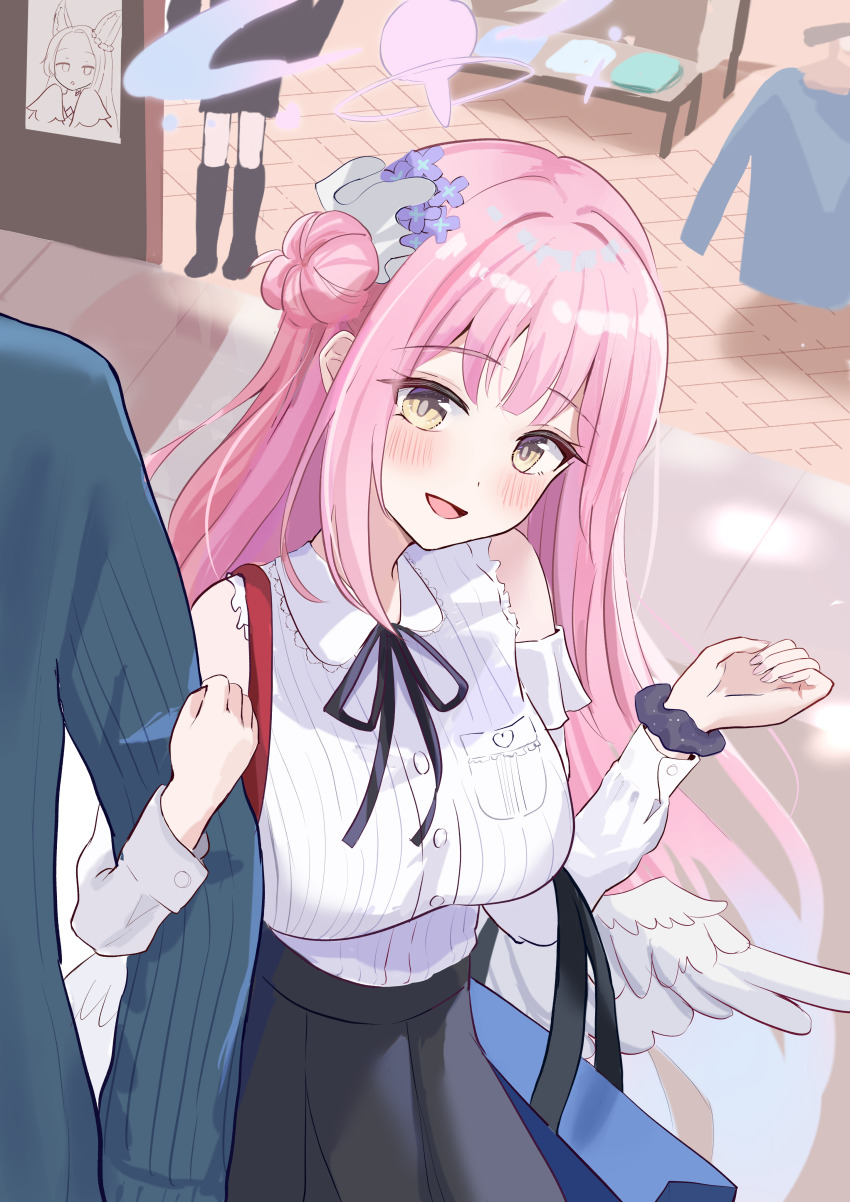 1boy, 1girl, absurdres, bare_shoulders, black_ribbon, black_skirt, blue_archive, blue_flower