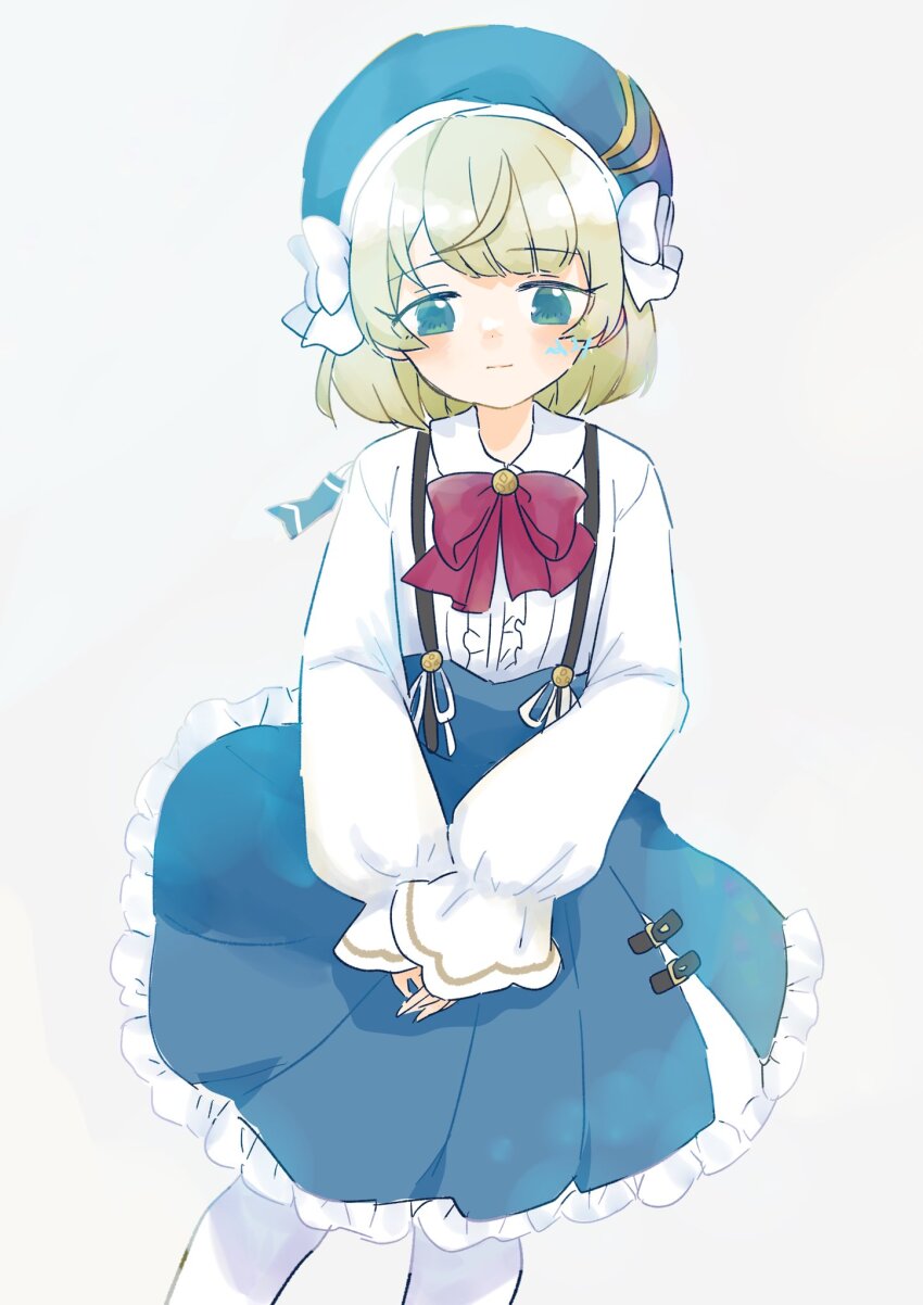 1girl, artist_name, assault_lily, belt_buckle, beret, blonde_hair, blue_hat, blue_skirt