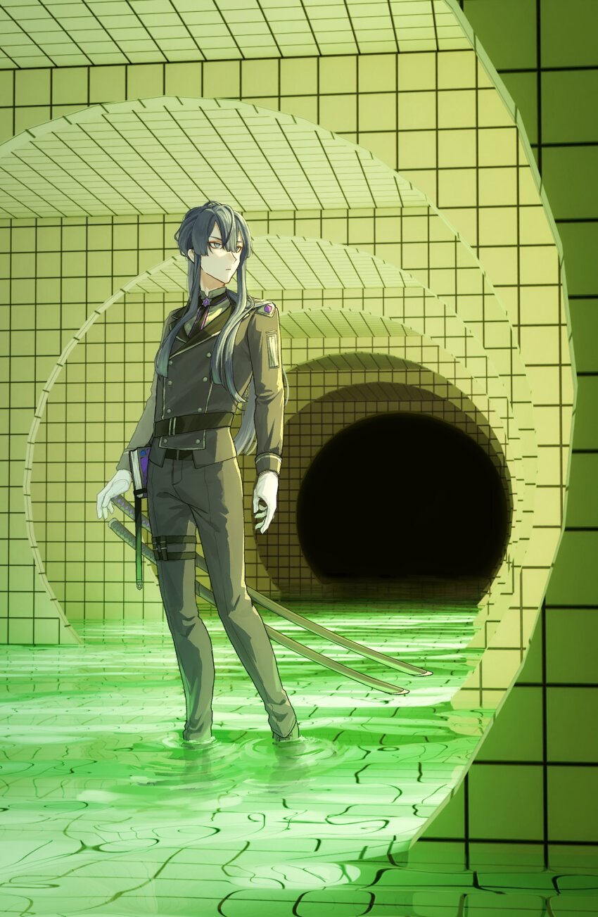 1boy, backrooms_(creepypasta), belt, black_belt, blue_hair, closed_mouth, dream_pool, gloves