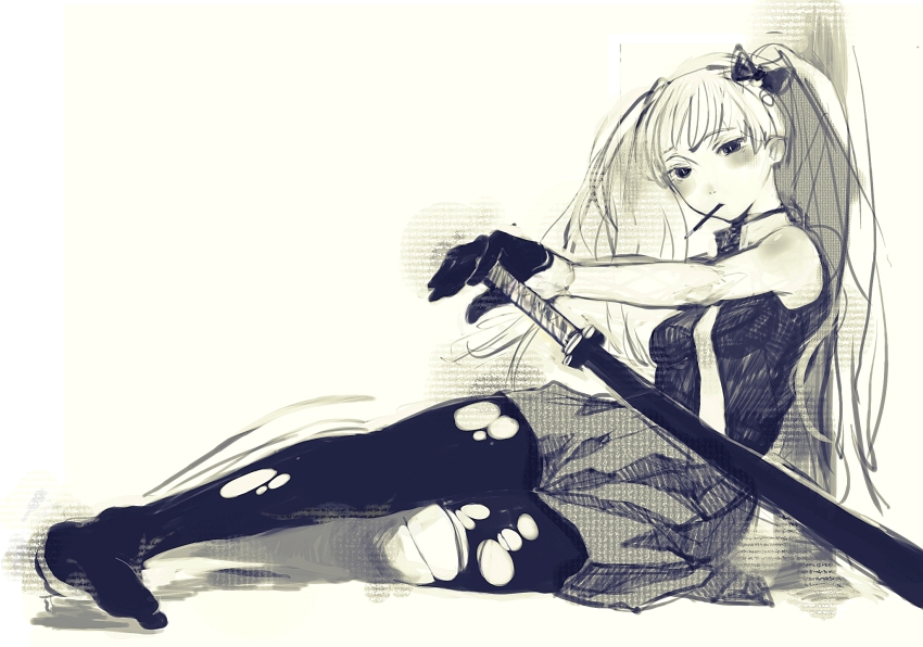 1girl, artemis_(harunoibuki), bare_shoulders, blush, bow, feet, female_focus, food, hair_bow, highres, long_hair, monochrome, mouth_hold, necktie, oguchi, original, pantyhose, pocky, sheath, sheathed, skirt, solo, sword, torn_clothes, torn_pantyhose, twintails, weapon