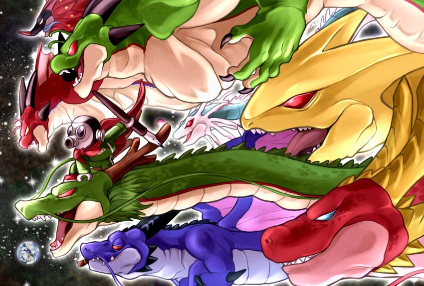 1boy, black_smoke_shenron, cape, d_norainu_b, dark_shenron, demon_realm_porunga, dragon, dragon_ball, dragon_ball_daima, dragon_ball_gt, dragon_ball_heroes, dragon_ball_super, earth_(planet), gas_mask, green_pants, green_scales, green_track_suit, highres, in-franchise_crossover, mask, pants, planet, porunga, red_cape, red_scales, shenron_(dragon_ball), super_shenron, toriyama_akira_(character), toronbo, track_suit, ultimate_shenron