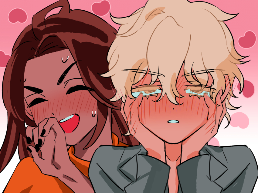 alien_stage, black_nails, blush, closed_eyes, colored_eyelashes, commentary, dark-skinned_female, dark_skin