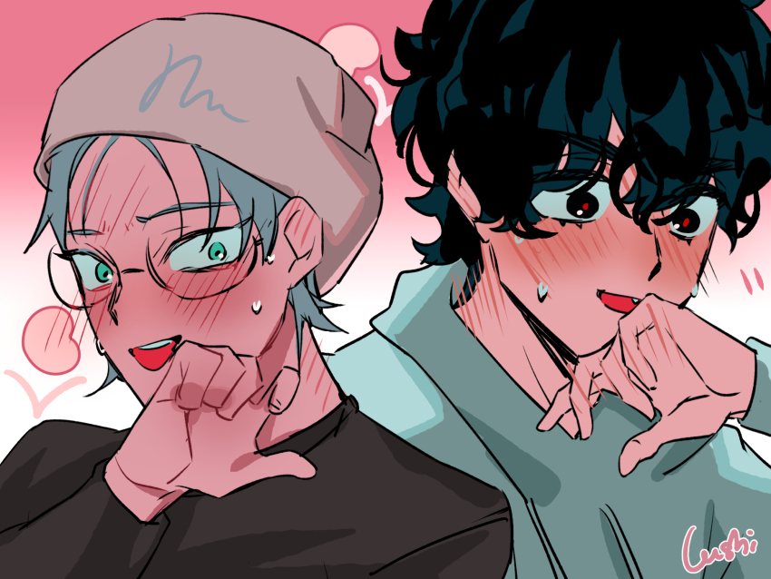 2boys, alien_stage, beanie, black_hair, blush, brown_hat, commentary, english_commentary