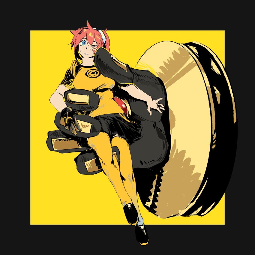 1girl, absurdres, aiba_ami, alphamon, black_border, black_shirt, black_skirt, blue_eyes