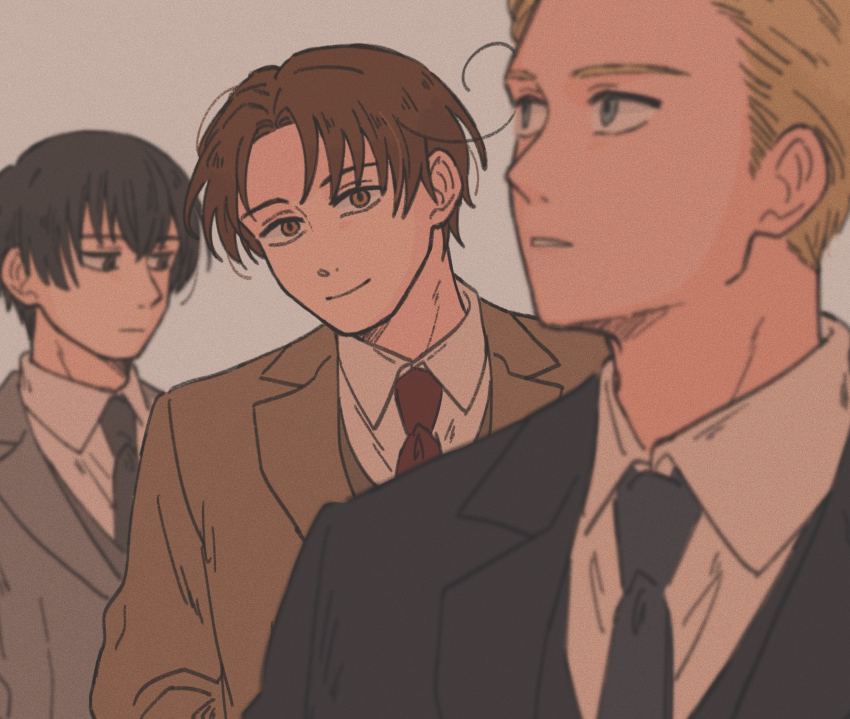 3boys, ahoge, axis_powers_hetalia, black_eyes, black_hair, black_jacket, black_necktie, black_vest