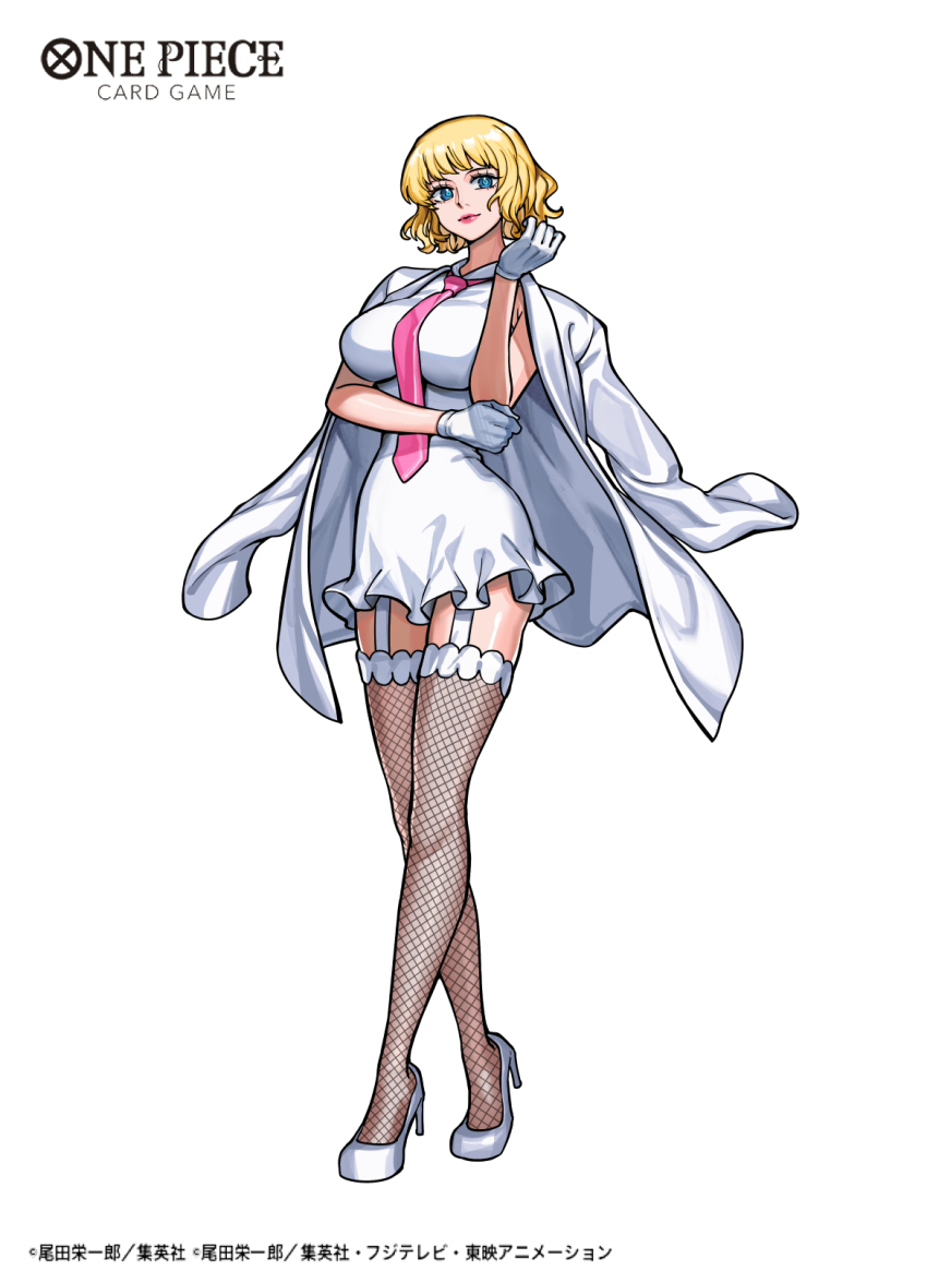 1girl, blonde_hair, blue_eyes, blunt_bangs, commentary_request, copyright_name, dress, fishnet_thighhighs