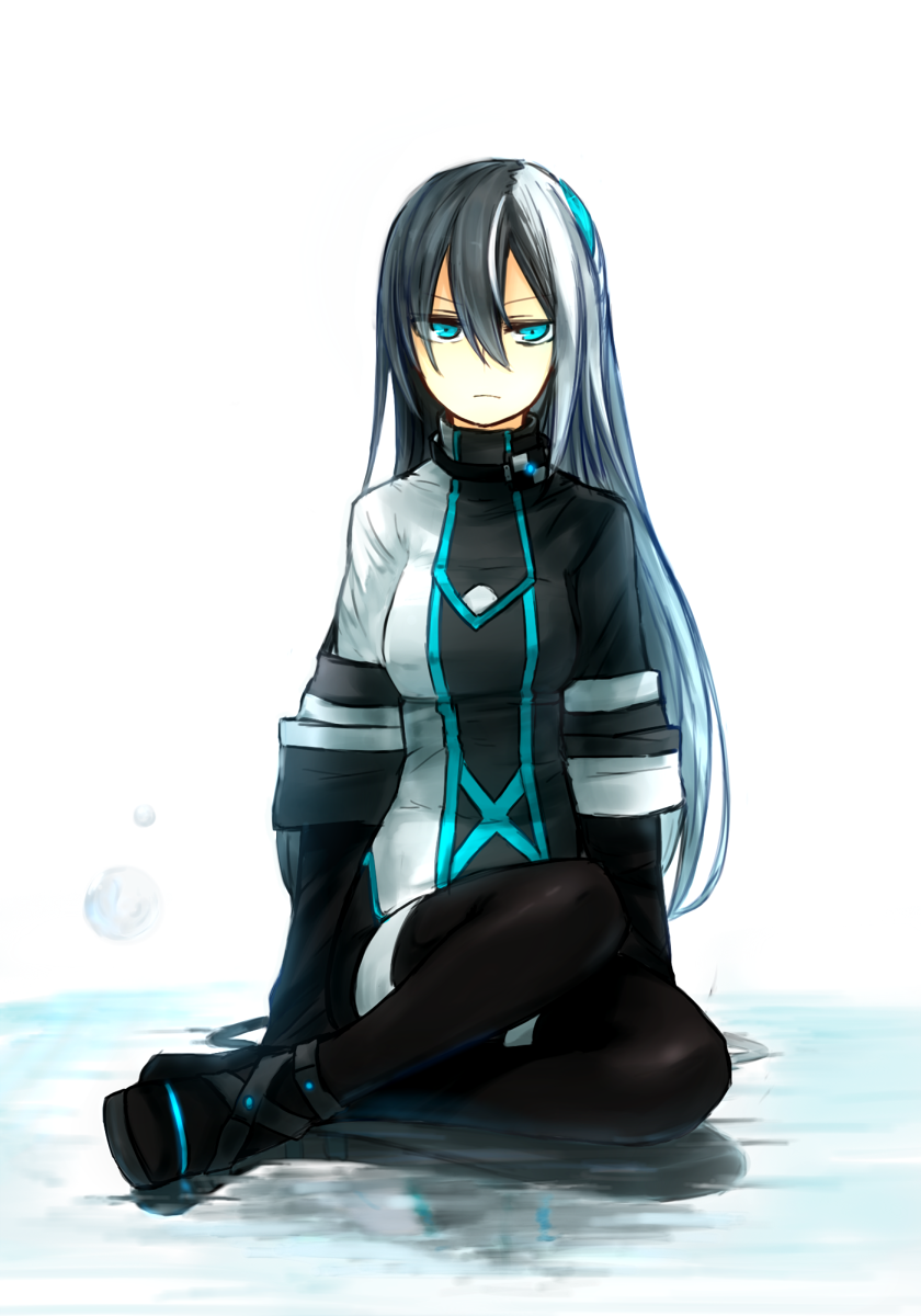 1girl, bad_id, bad_pixiv_id, black_hair, blue_eyes, female_focus, ganesagi, highres, long_hair, multicolored_hair, norah_bright, original, pantyhose, sitting, solo, split-color_hair