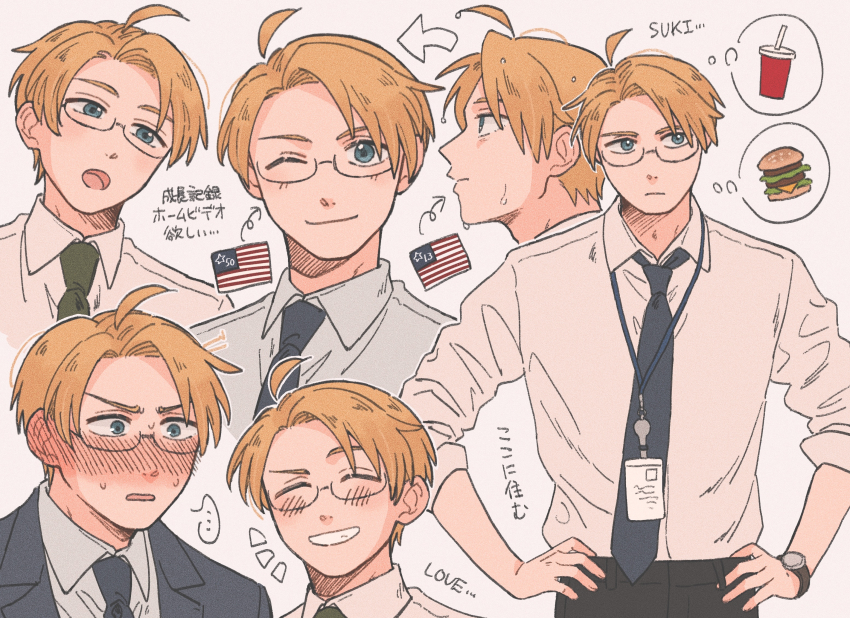 ..., 1boy, ahoge, america_(hetalia), american_flag, axis_powers_hetalia, black-framed_eyewear, black_jacket