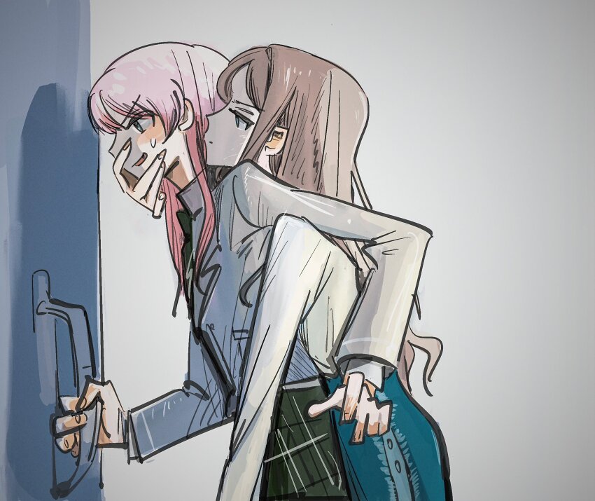 2girls, bang_dream!, bang_dream!_it's_mygo!!!!!, blue_eyes, blue_skirt, blush, brown_hair, chihaya_anon