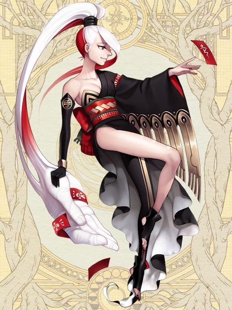 1girl, black_gloves, black_nails, breasts, colored_inner_hair, dairoku_ryouhei, full_body, gloves, gradient_hair, hair_over_one_eye, jonau, long_hair, looking_at_viewer, medium_breasts, multicolored_hair, obi, open-toe_shoes, ponytail, prehensile_hair, red_eyes, red_hair, red_nails, sash, shirataki_tete, solo, talisman, very_long_hair, white_hair, wide_sleeves, yellow_background