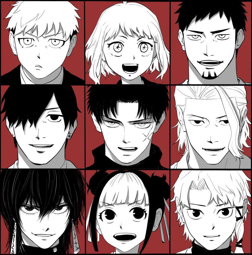 3girls, 6+boys, :d, absurdres, azami_soushirou, beard, earrings, facial_hair