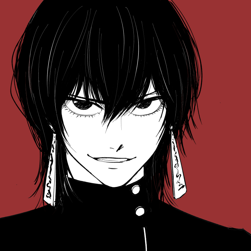 1girl, absurdres, black_hair, earrings, goekakisan_(adelma), hair_between_eyes, highres, jewelry