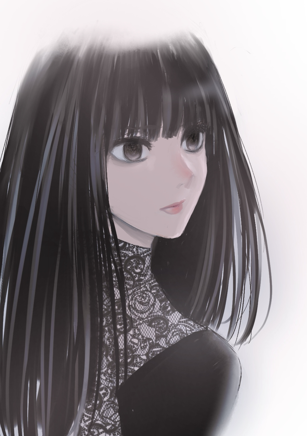 1girl, black_dress, black_eyes, black_hair, dress, fishnets, goekakisan_(adelma), highres, long_hair, long_sleeves, osaragi_(sakamoto_days), sakamoto_days, see-through_clothes, see-through_sleeves, simple_background, solo, upper_body