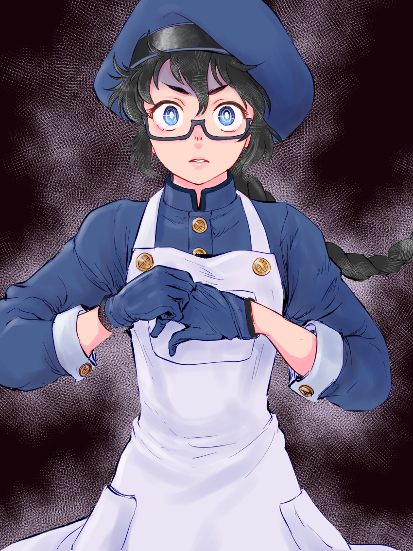 absurdres, apron, black_background, blue_eyes, blue_gloves, blue_hat, blue_shirt, braid