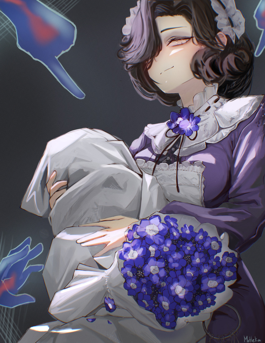 1girl, absurdres, artist_name, black_hair, black_ribbon, blanket, bouquet, disembodied_hand
