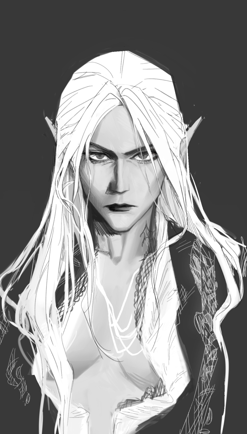 1girl, baldur's_gate, baldur's_gate_3, breasts, dungeons_&amp;_dragons, grey_background, greyscale, hair_down