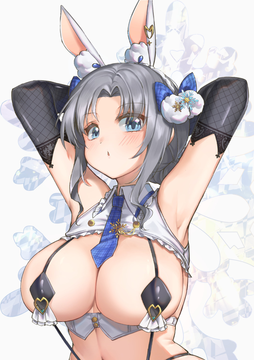 1girl, animal_ears, armpits, arms_behind_head, blue_eyes, blue_necktie, breasts, chami_(charming621)