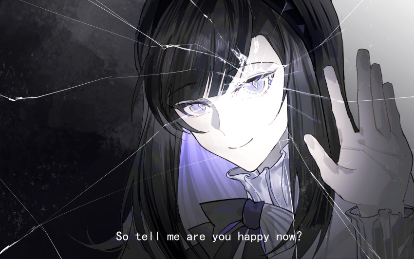 1girl, arknights, black_hair, bow, bowtie, bright_pupils, broken_glass, colored_inner_hair