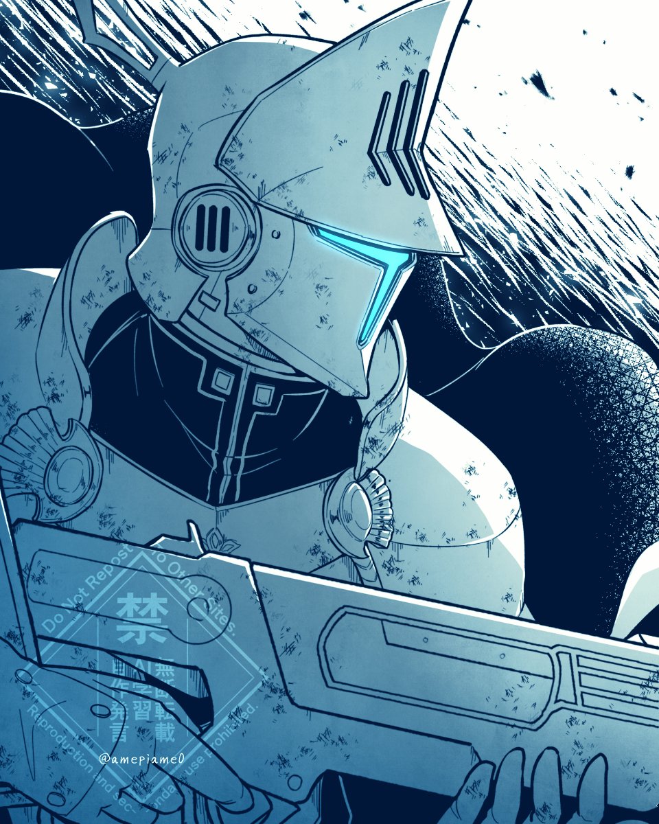 1boy, amehiko_(amepiame0), android, armor, blue_theme, cape, commentary_request, ender_lilies_quietus_of_the_knights