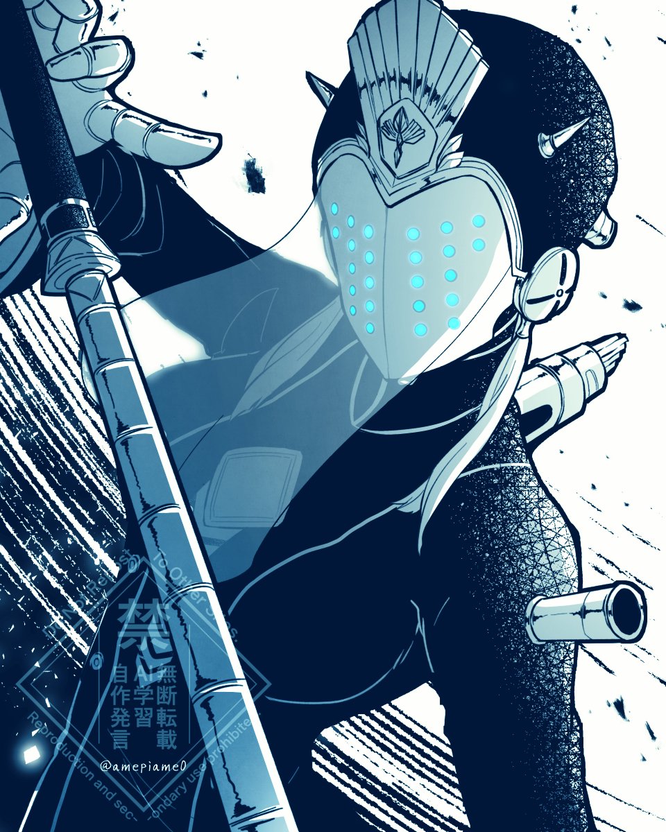 1girl, amehiko_(amepiame0), android, blue_theme, commentary_request, dress, ender_lilies_quietus_of_the_knights, ender_magnolia_bloom_in_the_mist, highres, holding, holding_scythe, monochrome, nola_(ender_magnolia), scythe, solo, upper_body, veil