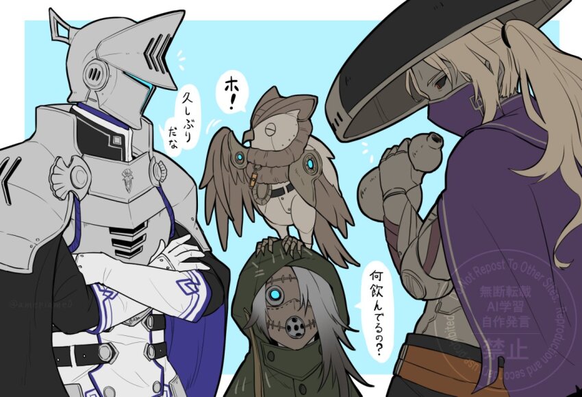 3boys, amehiko_(amepiame0), android, armor, bird, cape, cloak, commentary_request