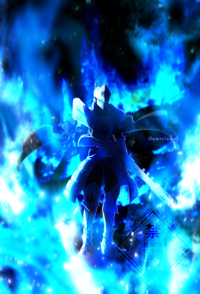 1boy, amehiko_(amepiame0), android, armor, blue_fire, blue_theme, commentary_request, ender_lilies_quietus_of_the_knights