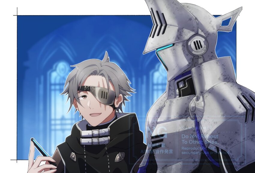 2boys, amehiko_(amepiame0), android, armor, black_jacket, commentary_request, ender_lilies_quietus_of_the_knights, ender_magnolia_bloom_in_the_mist