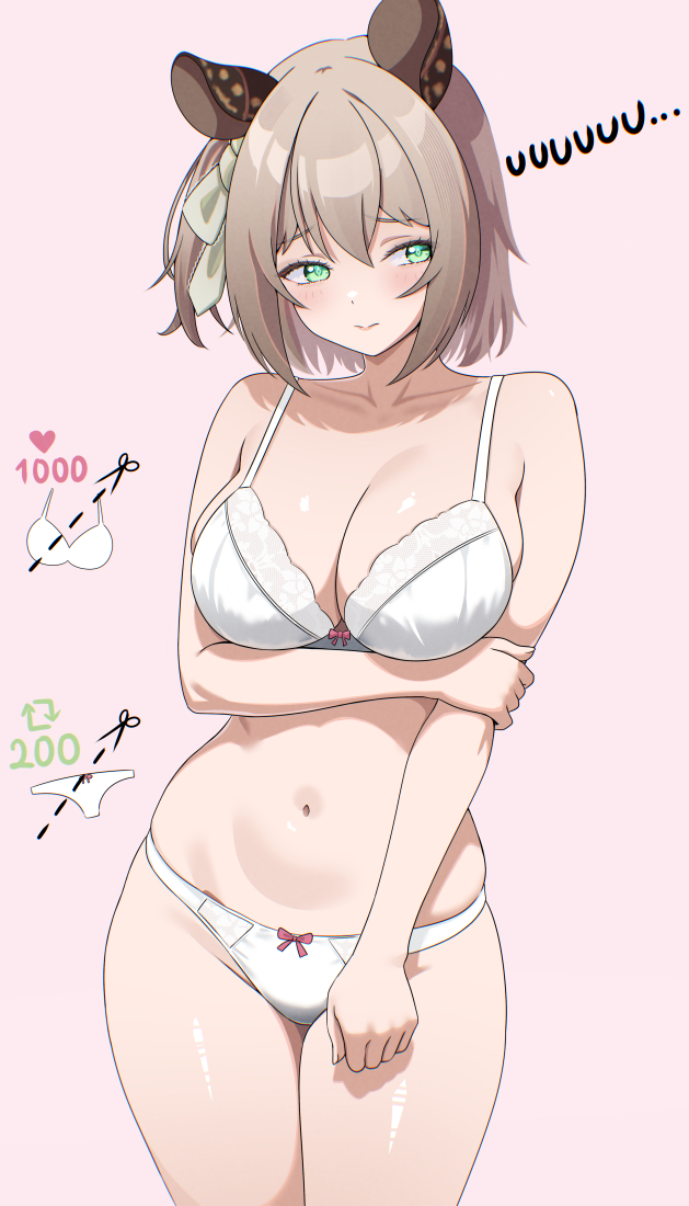 1girl, animal_ears, bow, bow_bra, bow_panties, bra, breasts, brown_hair