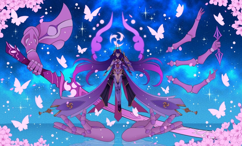 1girl, armor, armored_leotard, breasts, bug, butterfly, cherry_blossoms, cleavage